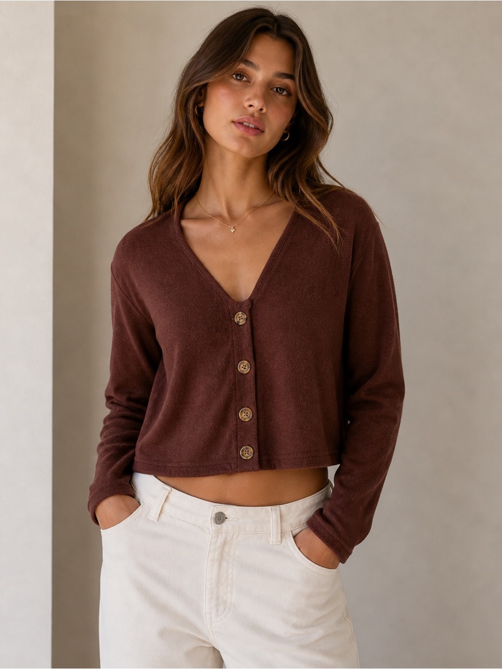 Hyfve Brown Cropped Cardigan Style‎ Top Faux Buttons